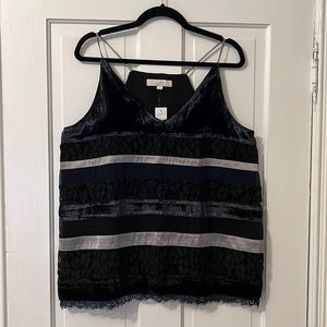 LOFT Black, Blue and Silver Velvet & Lace Sleeveless Top